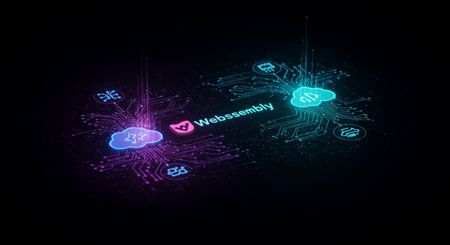 WebAssembly logo integrated with cloud and microservices icons